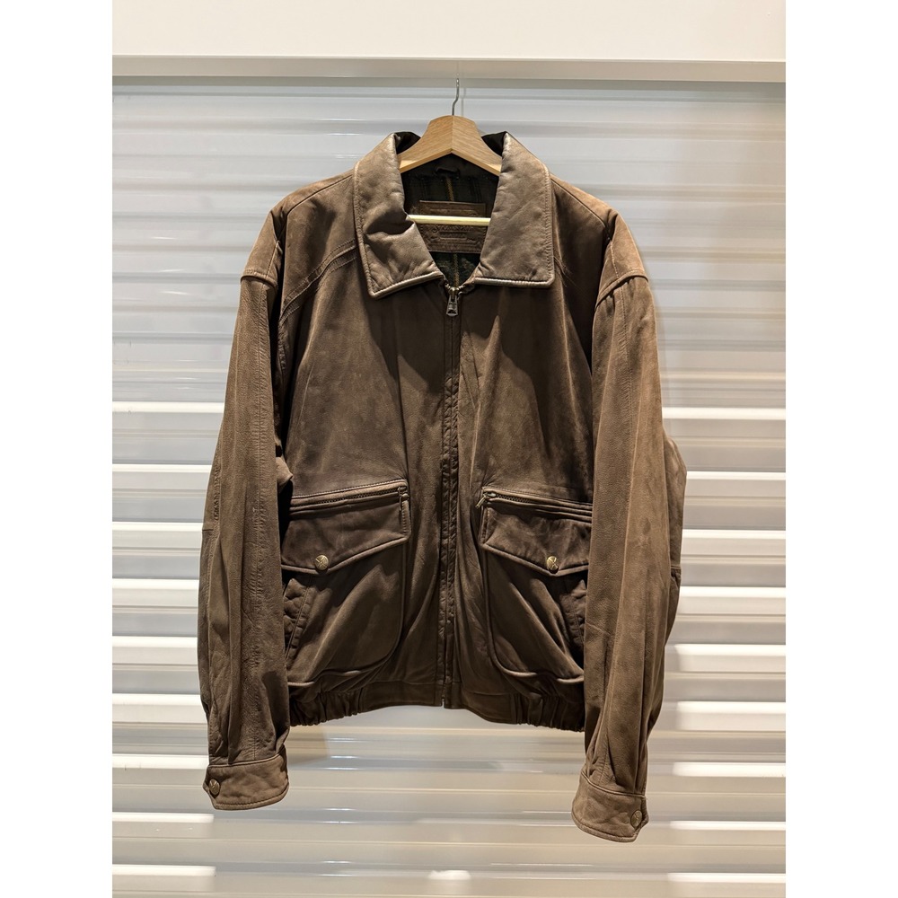 St Johns Bay Mens XL Leather Bomber Jacket Brown Genuine Leather‎ Plaid Lined